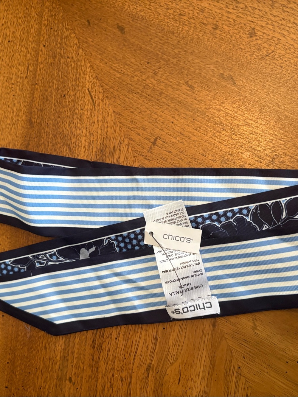 Chico’s Skinny Scarf Blue White Stripe Floral Reversible Neck Hair Tie One Size